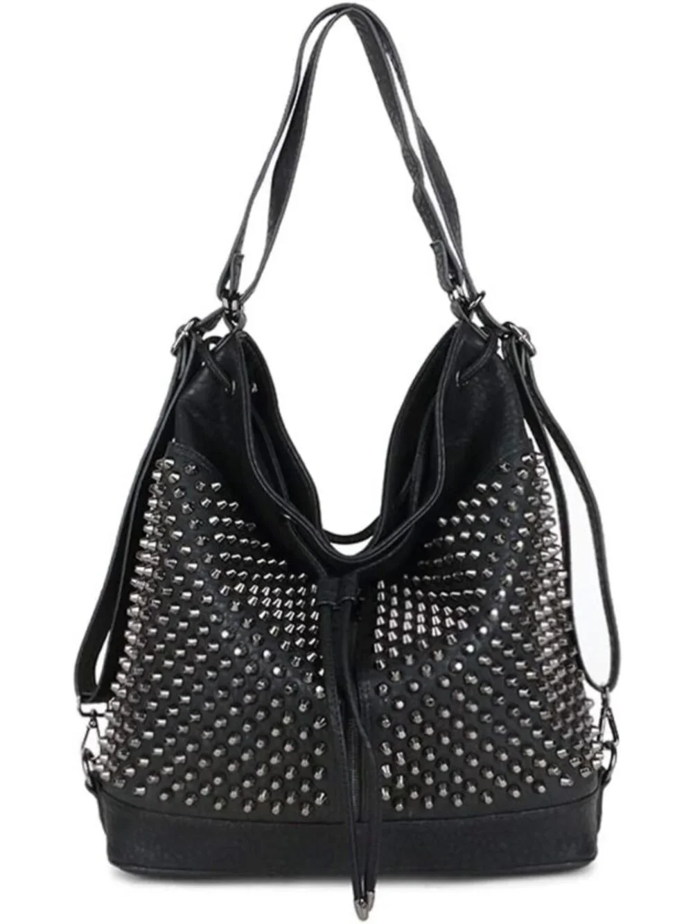 Oversized Studded Bucket Bag for Women - Vegan Leather, 3-Way Backpack, Punk